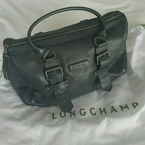 EUC Vintage Longchamp forest hunter Green leather Silver buckle top handle purse